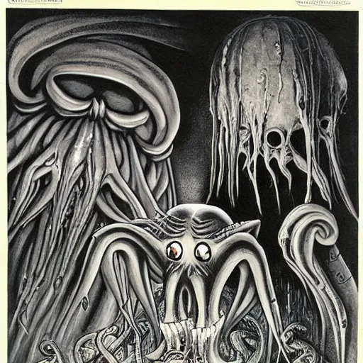 Image similar to Cthulhu Christmas by Charles Addams and H.R. Giger