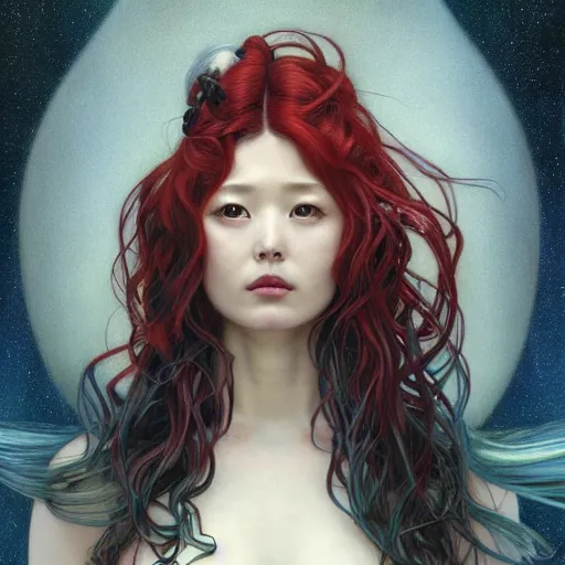 Image similar to portrait of Asuka Soryu with red long wavy hair drawn by Donato Giancola and Tom Bagshaw and Julie Bell, face by Artgerm, overall design by Alphonse Mucha, background by James Jean and Gustav Klimt, 4k, porcelain skin, komorebi, french nouveau, trending on artstation, octane render, hyperrealistic