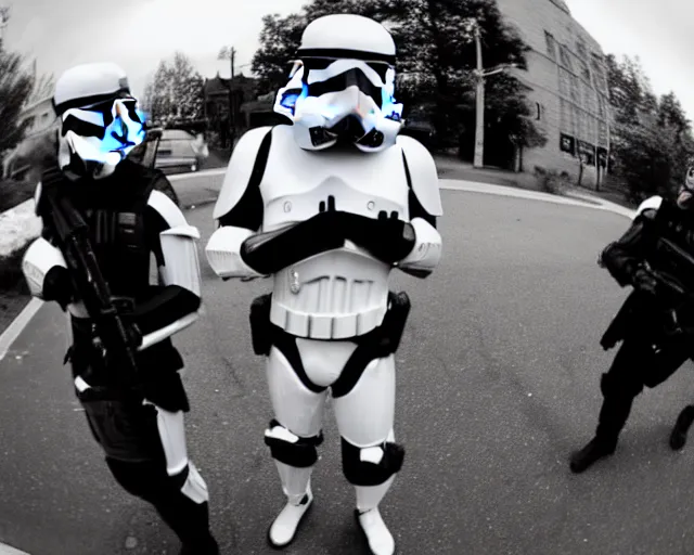 Image similar to helmet cam, stormtroopers apprehending a suspect in Detroit, grainy, fish eye lens, black and white, night vision, cdx