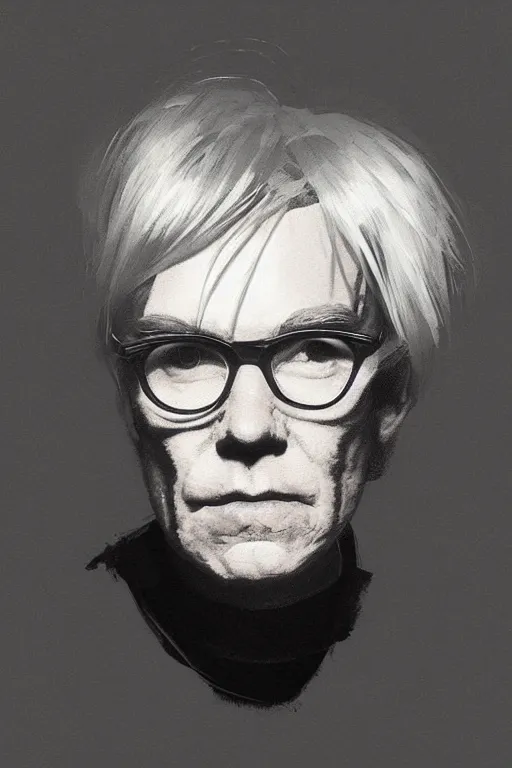 Image similar to portrait of andy warhol, staring directly into camera, intricate, elegant, glowing lights, highly detailed, digital painting, artstation, sharp focus, illustration, art by wlop, mars ravelo and greg rutkowski