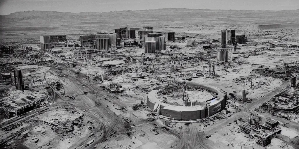 Prompt: ariel shot of irradiated post apocalyptic nuclear wasteland 1950s future destroyed las vegas strip black and white award winning photo highly detailed Arriflex 35 II, lighting by stanley kubrick