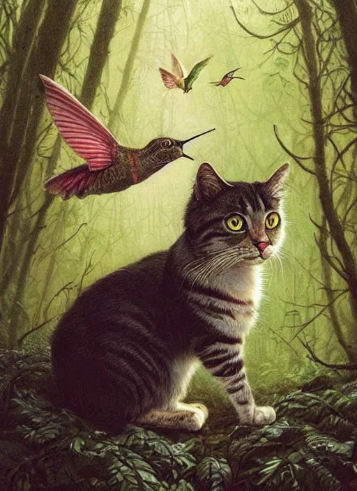 Image similar to a hyper realistic illustrated cat with playing with a hummingbird on its paw in the woods gorgeous lighting, lush forest foliage painting by chiara bautista and beksinski and norman rockwell and greg rutkowski weta studio, and lucasfilm