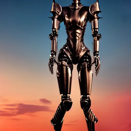 Image similar to cinematic body shot, realistic detailed stunning beautiful armored humanoid anthropomorphic female robot dragon, looking to the side with an elegant pose of hand on hip, smooth and streamlined armor and design made of steel, sharp claws and sharp teeth, high quality head, Slick LEDs, on the beach during sunset, high quality, cinematic art, sci fi, sunset lighting, 3D render, 8k, artstation, deviantart, furaffinity