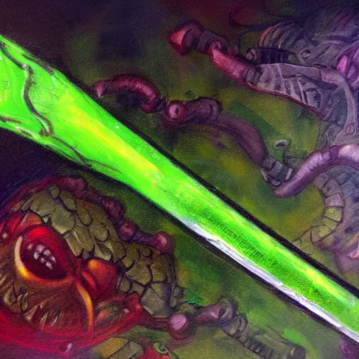 Image similar to Oil painting concept art of a magical acid sword glowing bright green, very intricate hilt, green color scheme, highly detailed concept art.