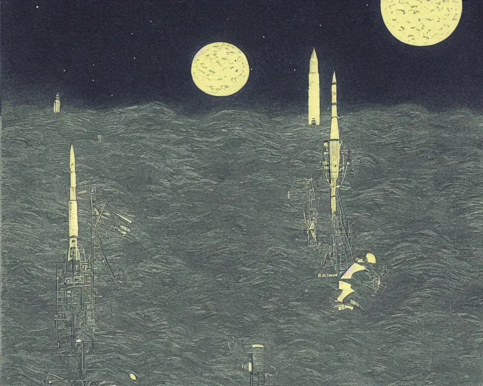 Prompt: achingly beautiful print the Apollo-Soyuz rendezvous, bathed in moonlight, by Hasui Kawase and Lyonel Feininger.