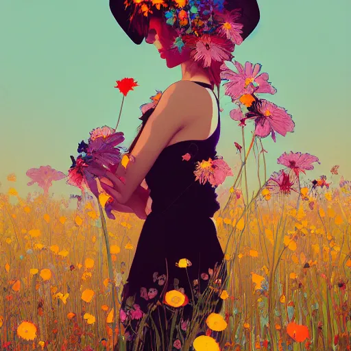 Prompt: a beautiful painting of a girl in a field of flowers with a helmet by andy warhol and conrad roset and alphonse mucha and nekro and greg rutkowski. colorful comic, film noirs, symmetry, sharp lines, hyper detailed. octane render. trending on artstation