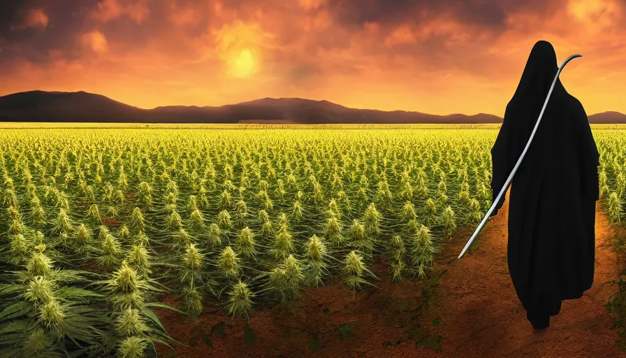 Image similar to the grim reaper walking in a cannabis field, sunset, global illumination, hyper - realistic, insanely detailed and intricate, cinematic, 8 k