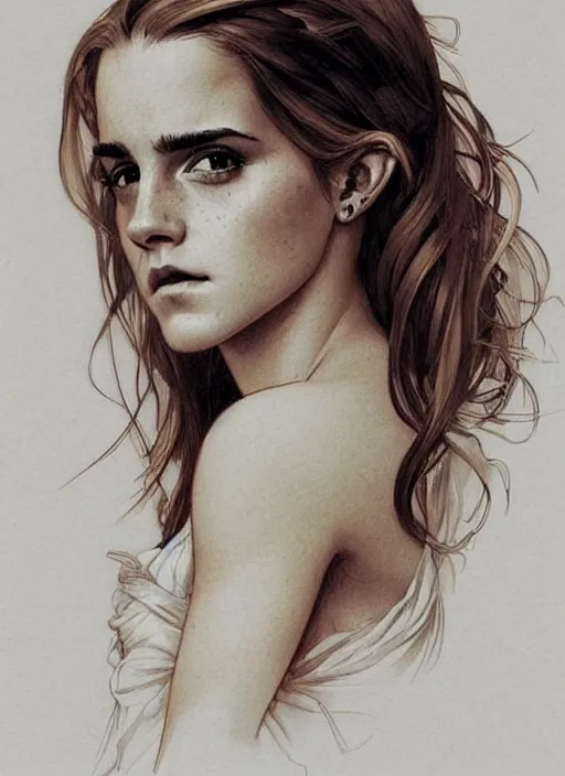 Image similar to emma watson giving seductive look. beautiful detailed face. by artgerm and greg rutkowski and alphonse mucha