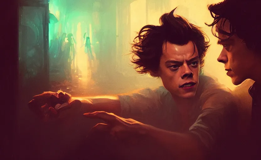 Prompt: Harry Styles, horror sccene, illustrated by Greg Rutkowski and Gaston Bussiere, 35mm lens, beautiful macro close-up imagery, vibrantly lush neon lighting, beautiful volumetric-lighting-style atmosphere, a futuristic atmosphere, intricate, detailed, photorealistic imagery, trending on artstation, 4k, 8k