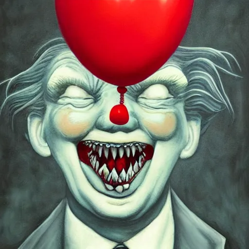 Image similar to grunge painting of donald trump with a wide smile and a red balloon by chris leib, loony toons style, pennywise style, corpse bride style, horror theme, detailed, elegant, intricate