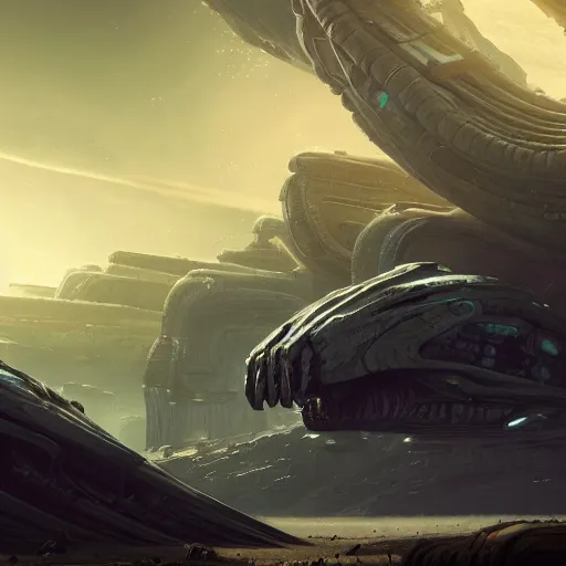 Image similar to a spaceship and the skeleton of a colossal creature on a planet, in the style of wlop and greg rutkowski, illustration, epic, sci - fi, hyper detailed, smooth, unreal engine 5, sharp focus, ray tracing