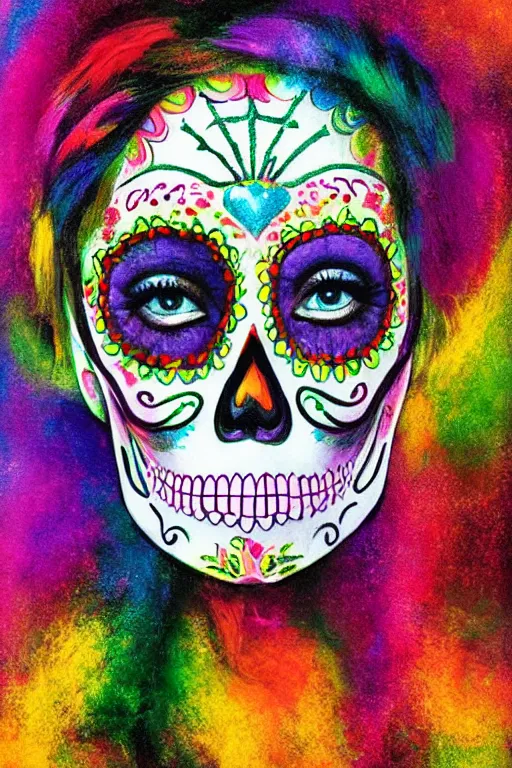 Prompt: Illustration of a sugar skull day of the dead girl, art by gabriel dawe