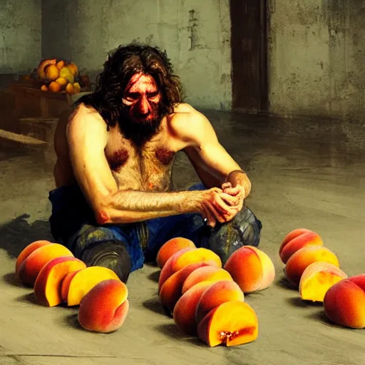 Image similar to feral man eating peaches in a factory, hunched over, mild mild impressionism, factory background, sharp colors, by greg rutkowski and asher duran