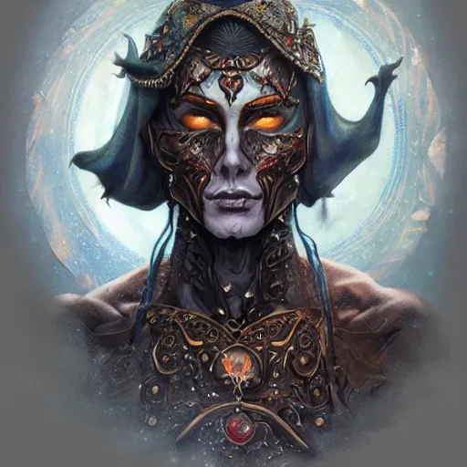 Image similar to an Artstation 3d render of Very very very very highly detailed beautiful mystic portrait of a phantom warrior with galaxy, tattoos by Anton Pieck, intricate, extremely detailed, digital painting, artstation, concept art, smooth, sharp focus, illustration, intimidating lighting, incredible art,