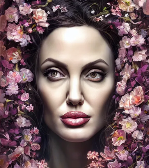 Image similar to portrait of the angelina jolie, surrounded by flowers by karol bak, james jean, tom bagshaw, rococo, symmetrical eyes, trending on artstation, cinematic lighting, hyper realism, octane render, 8 k, hyper detailed.