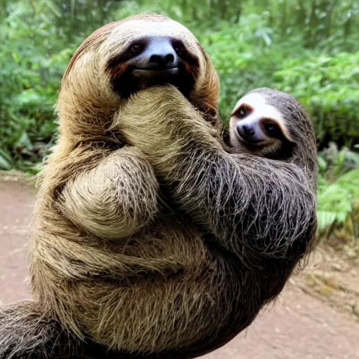 Image similar to a sloth hugging a turtle