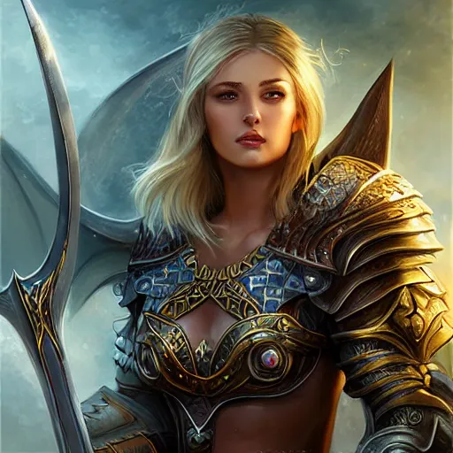 Image similar to a beautiful female paladin, 8 k, hyperrealistic, dragon slayer, hyperdetailed, fantasy portrait by laura sava