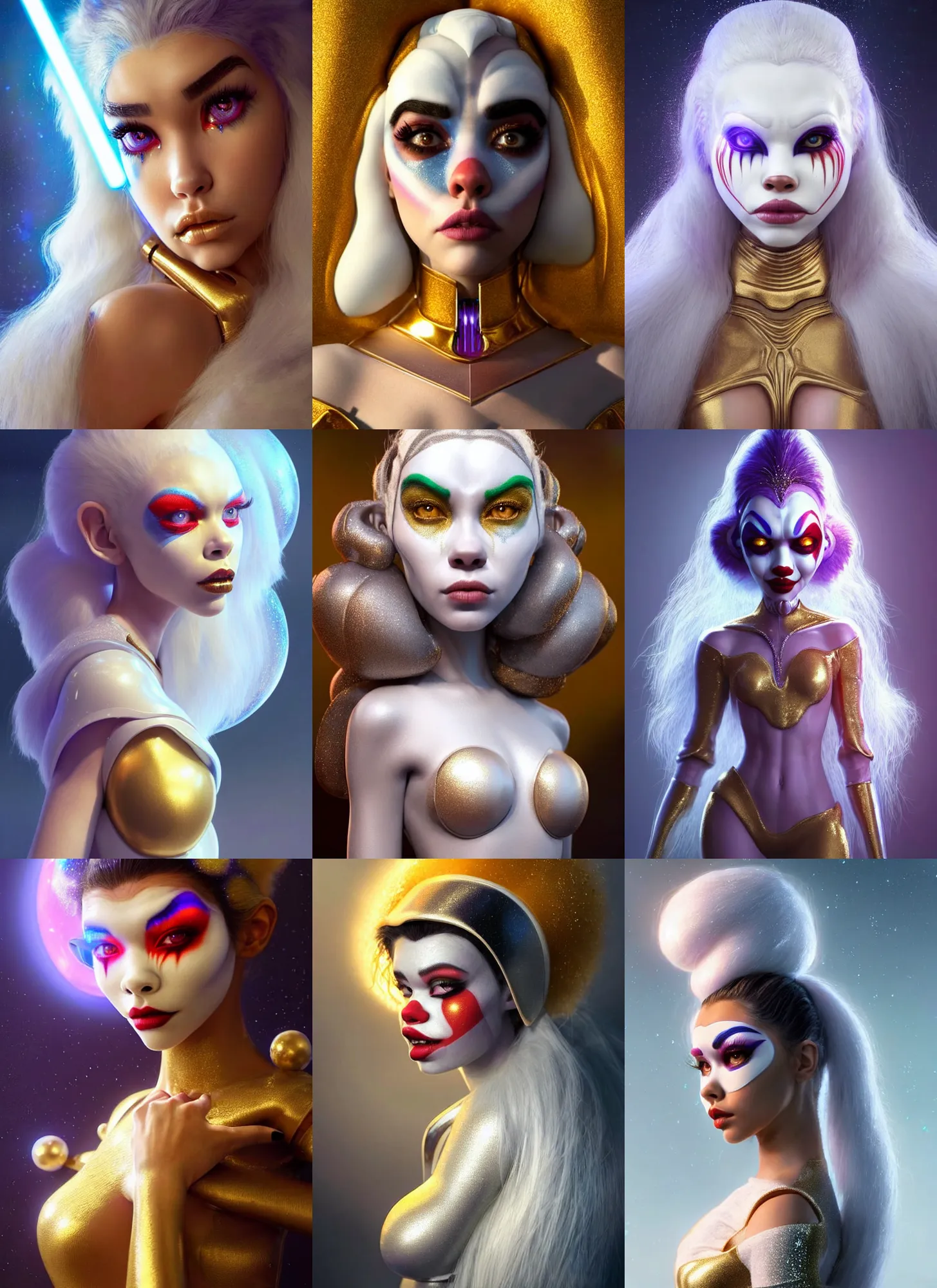 Prompt: madison beer : : bright white sparkly polished clowncore weta cyborg : : disney pixar star wars movie still photo : : soft, arctic queen, hi - fructose, sci fi layered decadent highly - detailed, golden ratio, octane render, artstation, concept art, smooth, sharp focus, illustration, artgerm, mucha, loish, wlop