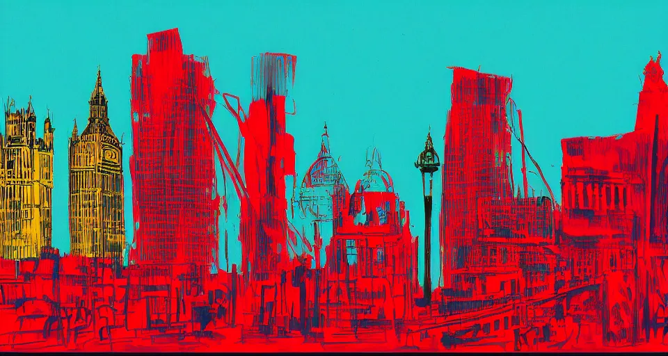 Image similar to color sketch of the london skyline, highly detailed, dramatic lighting, intense shadows, rich deep colours, by andy warhol