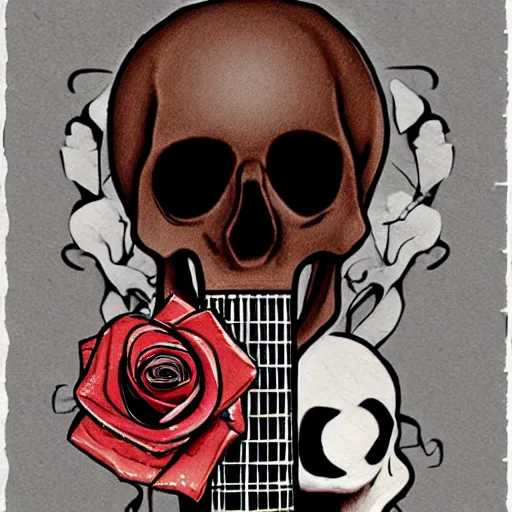 Image similar to skull and rose and guitar,