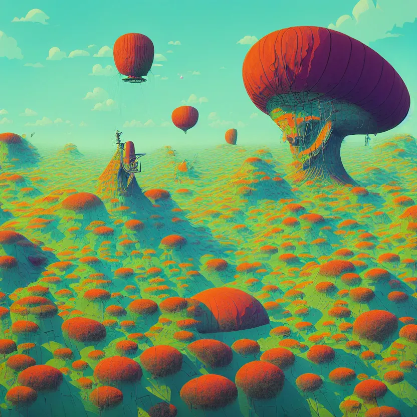 Image similar to surreal glimpse into other universe, zeppelin, island, summer morning, very coherent and colorful high contrast, art by! gediminas pranckevicius! geof darrow, volumetric lighting, cinematic, floralpunk screen printing woodblock, dark shadows, hard lighting, stipple brush