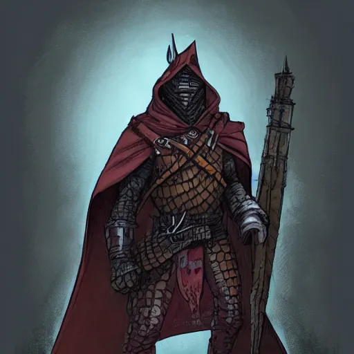 Prompt: anthro lizard warrior wearing cloak and hood, dnd illustration by enki bilal and dan mumford, character concept trending on artstation