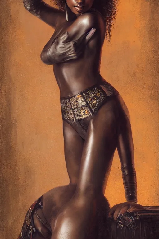 Prompt: breathtaking detailed soft painting of a sensual black girl in leather underwear, in medieval castle with znlightened stained glass, symmetrical realistic facial features, rembrandt style, elegant, highly detailed, artstation, concept art, matte, sharp focus, art by tom bagshaw, kelogsloops and greg rutkowski