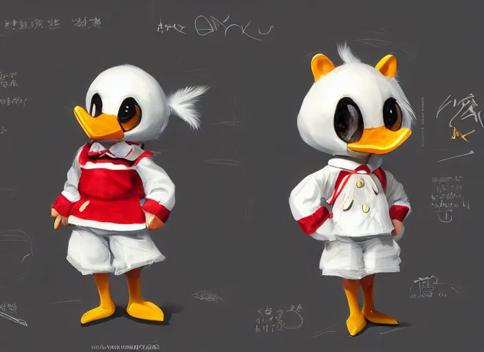 Image similar to detailed concept art of a cute iconic anthropomorphic duck character wearing a sailor suit by wlop on bcy. net, realistic. feathers, art by cheng yi. artstationhd