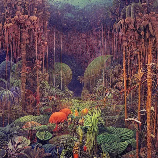 Prompt: a jungle full of strangely colored plants and fruits, high detail, painted by beksinski