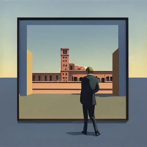 Image similar to a matte painting of a painting by giorgio de chirico by emiliano ponzi, james gilleard, george ault, david hockney, atey ghailan, albert namatjira, marius borgeaud, minimalist, bauhaus, retrofuturism, postminimalism, concept art, matte background, matte drawing, magical realism, space art, generative art