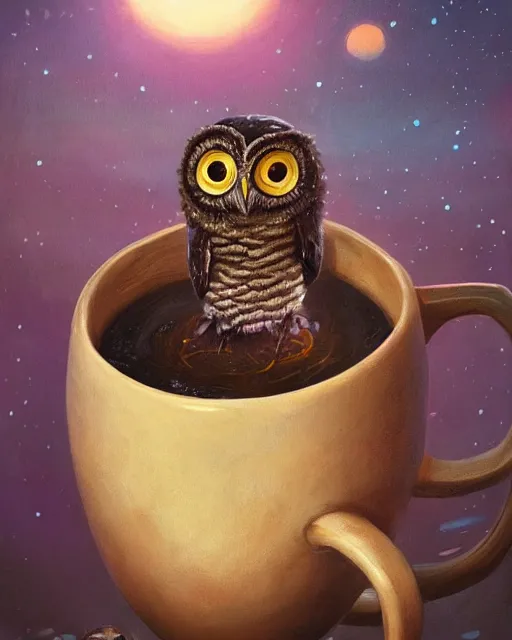 Image similar to long shot of a very cute owl chick nesting in a futuristic mug, esao andrews, humorous illustration, hyperrealistic, big depth of field, warm colors, whimsical cosmic night scenery, low light, 3 d octane render, 4 k, concept art, hyperdetailed, hyperrealistic, trending on artstation