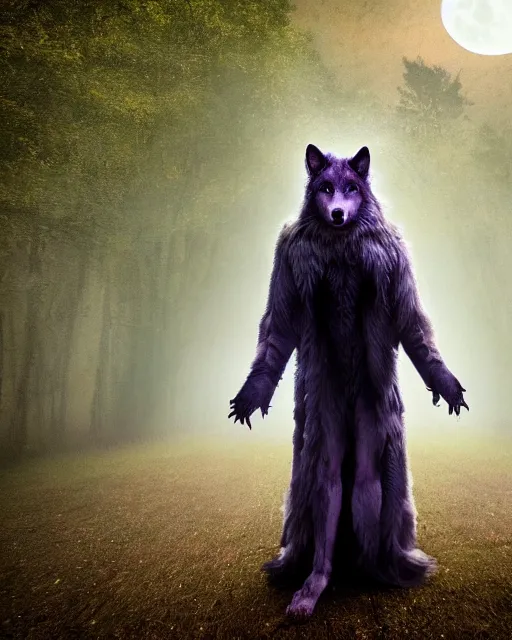 Prompt: Tall emaciated man wolf hybrid, covered in matted fur, he has yellow wolf eyes, a long bent rat like tail, long coyote like ears, and is Wearing a purple velvet cape and Top Hat, Atmospheric Full Moon, beautiful foggy Forrest, highly realistic, Rick Baker style, photoreal, photograph in the style of Annie Leibovitz, artstation