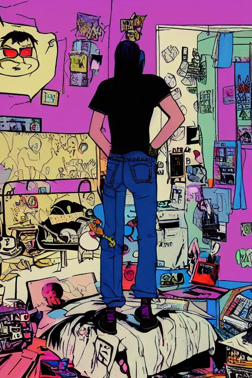 Image similar to a skinny goth guy standing in a cluttered 9 0 s bedroom by jamie hewlett, back view, jamie hewlett art, full body character concept art, vaporwave colors,