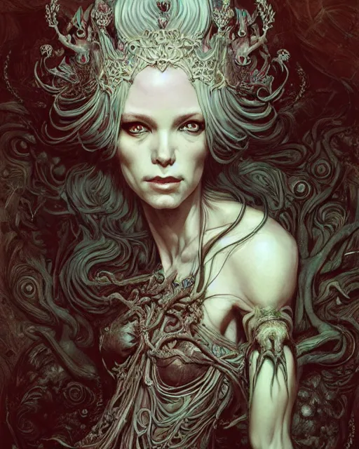 Image similar to a beautiful detailed front view portrait of a dead rotten princess with baroque ornate growing around, ornamentation, elegant, beautifully soft and dramatic lit, by wayne barlowe, peter mohrbacher, kelly mckernan