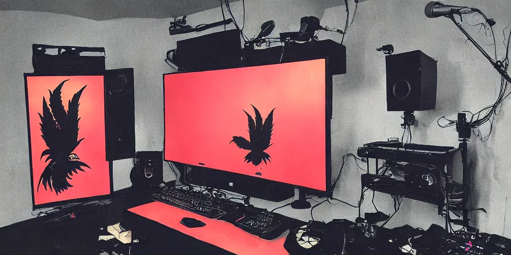 Image similar to 'black rooster'!!! smoking 'cannabis'!!!!!! in front of 'audio console'!!!! and 'pc masterrace RGB custom build'!!!!! 'multi monitors and projectors'!!!! 'in a hi-tech tv broadcasting studio with red camera rig'!!!!, artwork by James Gilleard