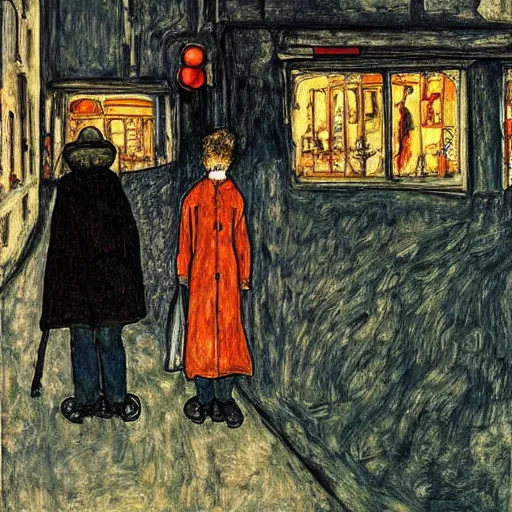 Image similar to a some people waiting in a lone bus stop in quiet dark city night, high quality, high resolution,detailed, by egon schiele 1960s