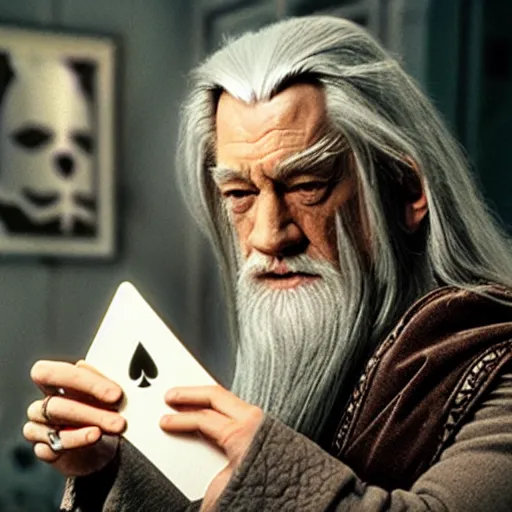 Image similar to portraid of gandalf wearing a Hello Kitty costume, holding a blank playing card up to the camera, movie still from the lord of the rings