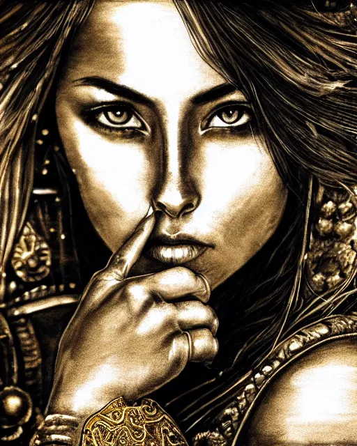 Image similar to ink wash painting portrait of woman in shining golden armor, high production value, intricate details, high resolution, hdr, high definition, masterpiece, realistic, ultrarealistic, highly detailed, hd, sharp focus, non blurry, sharp, smooth