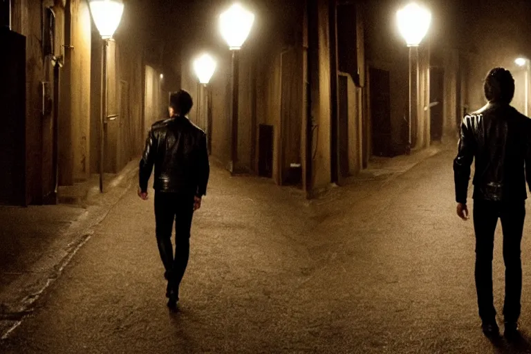 Image similar to blurred movie shot of young man from back pacing lowering head dressed in short leather bomber jacket to empty narrow alley with street lamps in park with pines to the horizon, with hands in pockets, snowfall at night, mullet long haircut, black hairs, cinematic, dramatic, detailed, realistic, movie shot, low greenish lighting