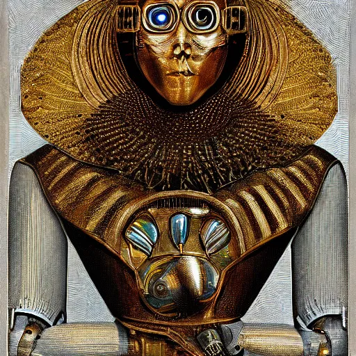 Image similar to a portrait of a shiny metallic renaissance steampunk robot, in the style of Jan van Eyck,