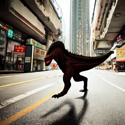 Image similar to a velociraptor walking through kowloon, hong kong. sunbeams, cinematic shot