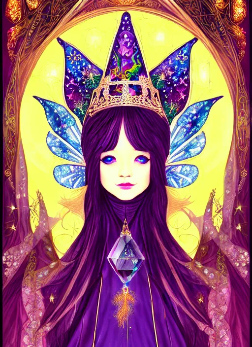 Image similar to fantastic portrait of a beautiftul witch pray with some shinny star, cloak, royally decorated crystal gemstones, symmetrical face, art nouveau, portrait, cute, fairy, by mai yoneyama, detailed background, artstation, intricate, elegant, highly detailed, colorful, maximalist