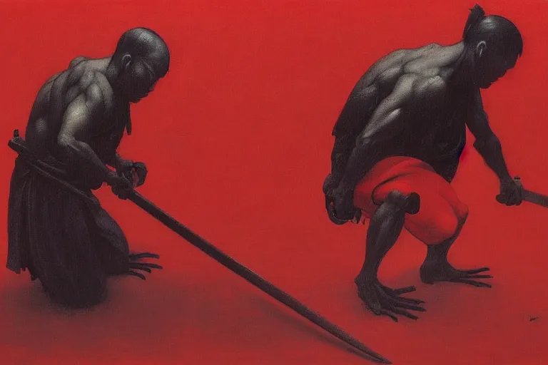 Image similar to only with red, a red samurai do seppuku, tokio, a lot of frogs watch, in the style of beksinski, parts by edward hopper, parts by rodcenko, parts by yue minjun, intricate and epic composition, red by caravaggio, insanely quality, highly detailed, masterpiece, red light, artstation, 4 k