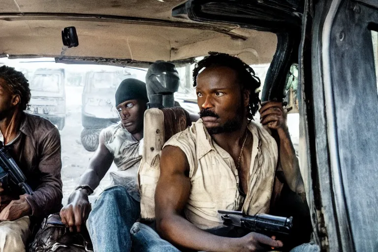 Image similar to movie diverse interracial team of robbers armed with rifles interior van, beautiful skin, natural lighting by Emmanuel Lubezki