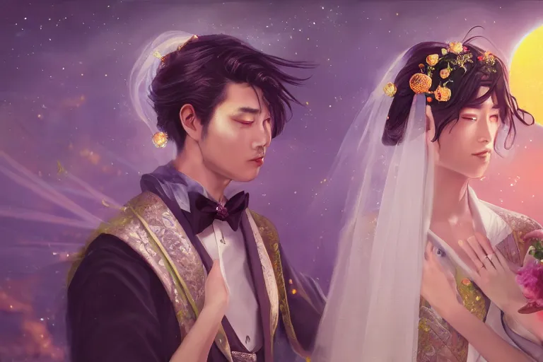 Image similar to a cinematic portrait of wedding photograph jpeg close up moment of a divine a japan sun god and moon goddess lovers magician at a wedding banquet. portraiture. digital painting. artstation. concept art. wedding photo. digital painting. violet evergarden art masterpiece by art by krenz cushart