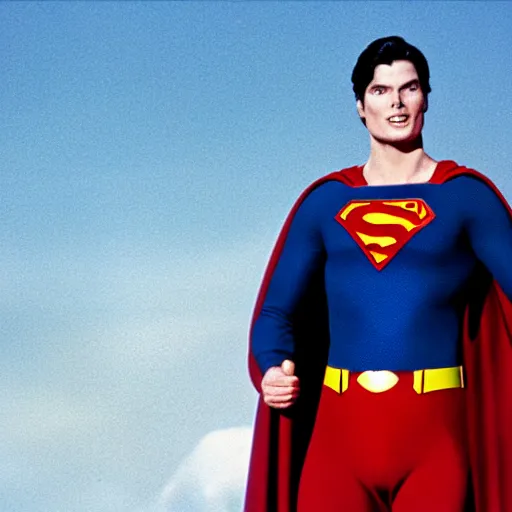 Image similar to 3 5 mm photo of christopher reeve as superman in new movie