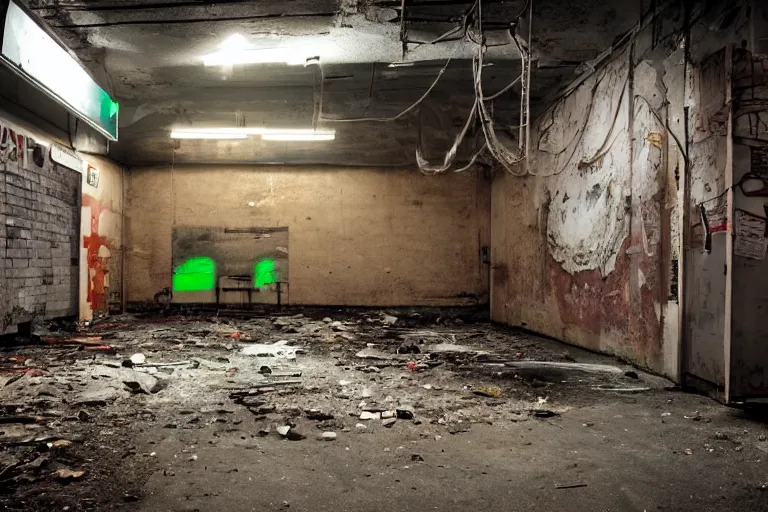 Prompt: abandoned industrial basement lit by a neon sign that says GAK