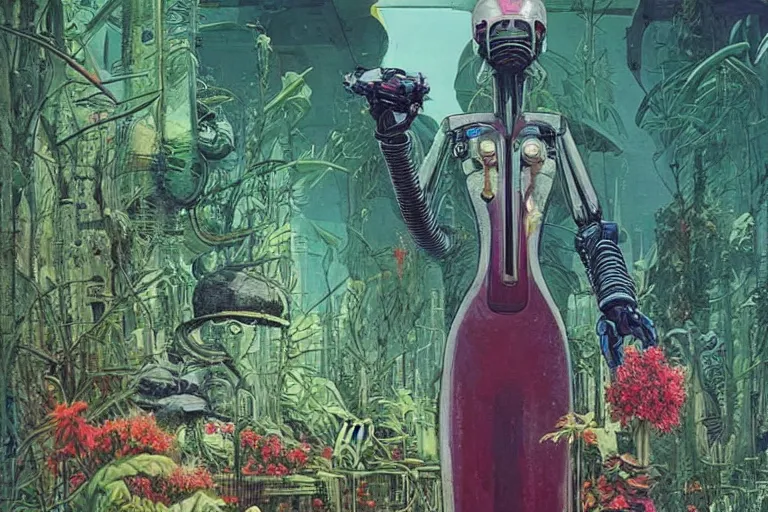 Image similar to gigantic robot - girl head floating in the space, a lot of exotic plants, trees, flowers, oldschool vintage sci - fi flat surreal grainy design, super - detailed, painting by enki bilal and moebius