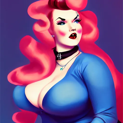 Image similar to rockabilly curvy woman, long blond hair with scarf, blue eyes, wholesome, country, southern, digital art, cinematic, concept art, 8k, painting, trending on artstation, wide shot, full shot