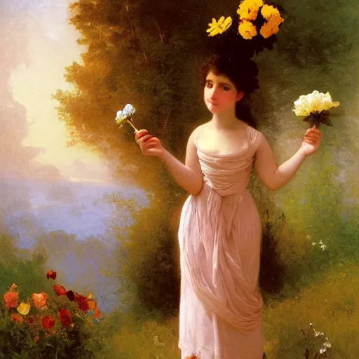 Image similar to An anthropomorphic fox girl with flowers in a dress, by Thomas Cole, William-Adolph Bouguereau, and John Singer Sargent, fox girl holding flowers